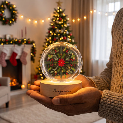 Custom Botanical Snowflake Poinsettia 3D Laser Engraved Crystal Ball with LED Wooden Standee, Personalized Name Holiday Night Light Keepsake
