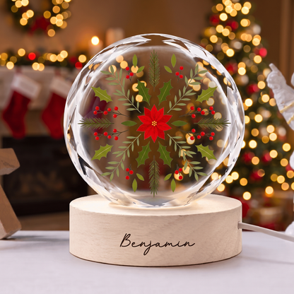Custom Botanical Snowflake Poinsettia 3D Laser Engraved Crystal Ball with LED Wooden Standee, Personalized Name Holiday Night Light Keepsake