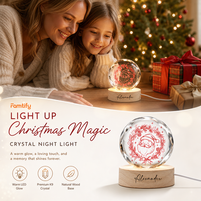 Custom Santa Claus Head Wreath 3D Laser Engraved Crystal Ball with LED Wooden Standee, Personalized Name Holiday Night Light Keepsake
