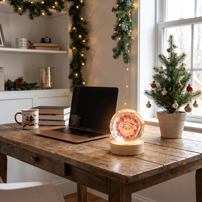 Custom Santa Claus Head Wreath 3D Laser Engraved Crystal Ball with LED Wooden Standee, Personalized Name Holiday Night Light Keepsake
