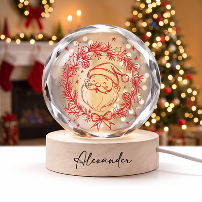 Custom Santa Claus Head Wreath 3D Laser Engraved Crystal Ball with LED Wooden Standee, Personalized Name Holiday Night Light Keepsake