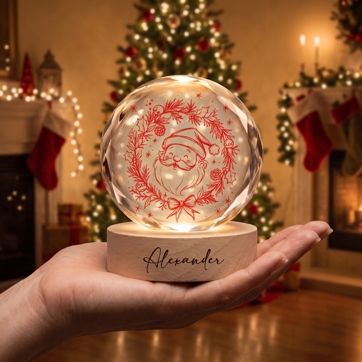 Custom Santa Claus Head Wreath 3D Laser Engraved Crystal Ball with LED Wooden Standee, Personalized Name Holiday Night Light Keepsake