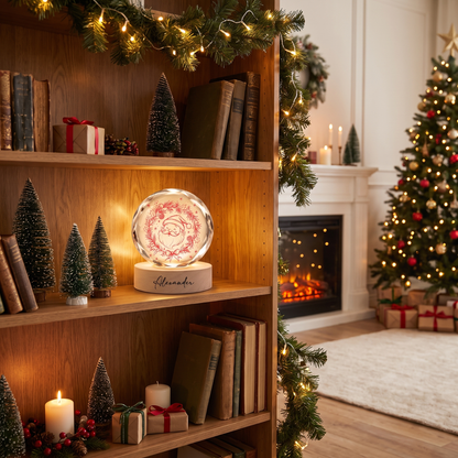 Custom Santa Claus Head Wreath 3D Laser Engraved Crystal Ball with LED Wooden Standee, Personalized Name Holiday Night Light Keepsake