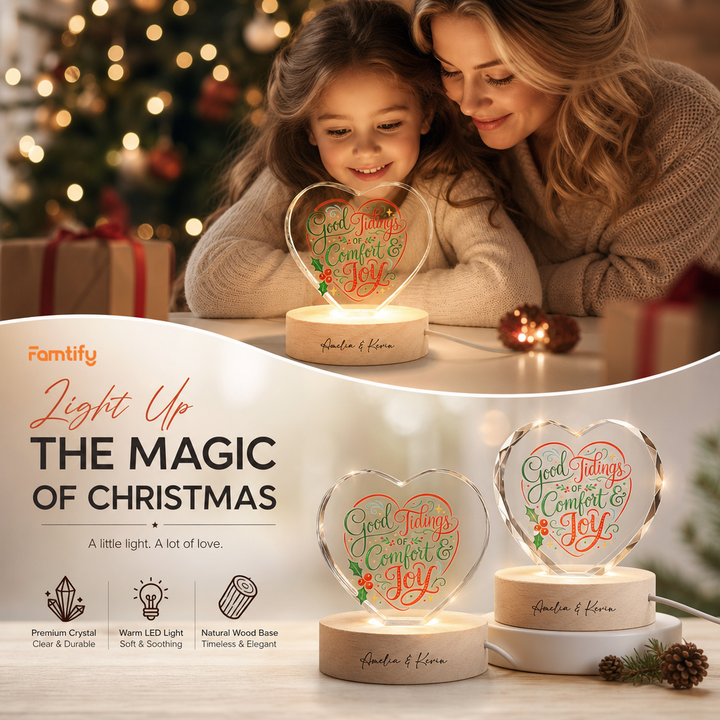 Custom Good Tidings Of Comfort And Joy 3D Laser Engraved Crystal Heart with LED Wooden Standee, Personalized Name Holiday Night Light Keepsake