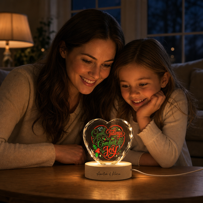 Custom Good Tidings Of Comfort And Joy 3D Laser Engraved Crystal Heart with LED Wooden Standee, Personalized Name Holiday Night Light Keepsake
