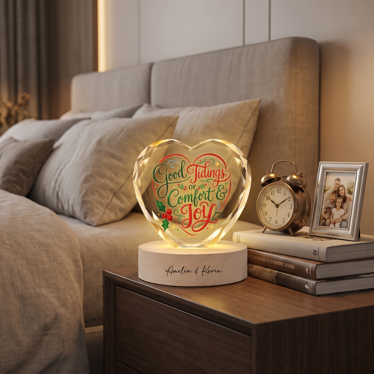 Custom Good Tidings Of Comfort And Joy 3D Laser Engraved Crystal Heart with LED Wooden Standee, Personalized Name Holiday Night Light Keepsake