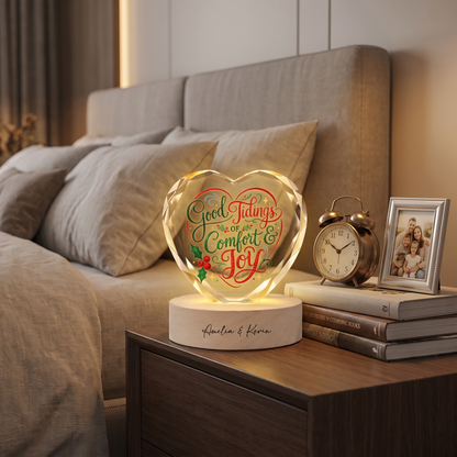 Custom Good Tidings Of Comfort And Joy 3D Laser Engraved Crystal Heart with LED Wooden Standee, Personalized Name Holiday Night Light Keepsake