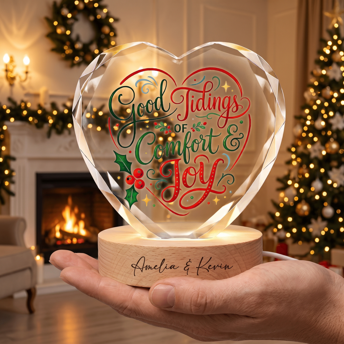 Custom Good Tidings Of Comfort And Joy 3D Laser Engraved Crystal Heart with LED Wooden Standee, Personalized Name Holiday Night Light Keepsake