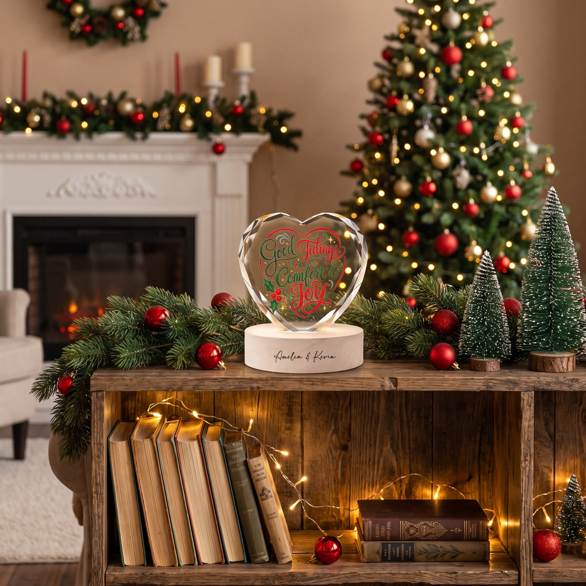 Custom Good Tidings Of Comfort And Joy 3D Laser Engraved Crystal Heart with LED Wooden Standee, Personalized Name Holiday Night Light Keepsake