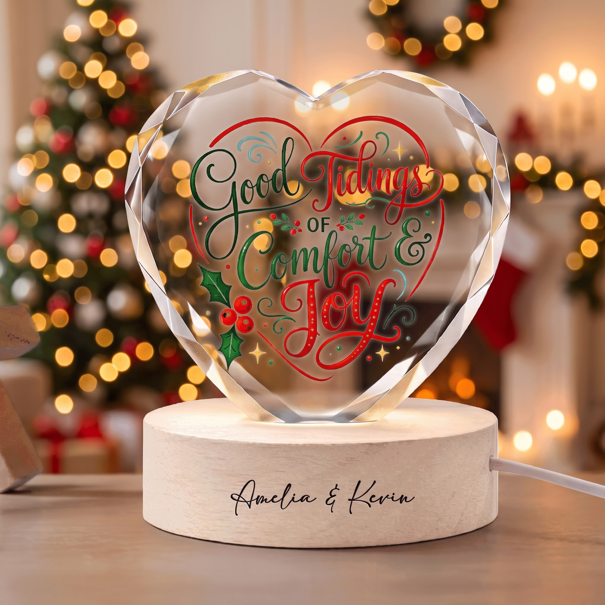 Custom Good Tidings Of Comfort And Joy 3D Laser Engraved Crystal Heart with LED Wooden Standee, Personalized Name Holiday Night Light Keepsake