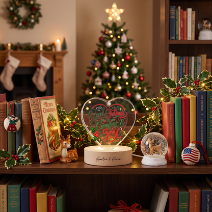 Custom Good Tidings Of Comfort And Joy 3D Laser Engraved Crystal Heart with LED Wooden Standee, Personalized Name Holiday Night Light Keepsake