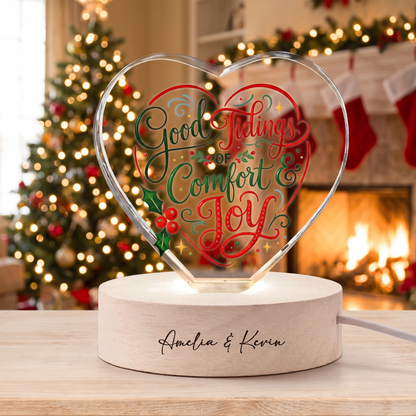 Custom Good Tidings Of Comfort And Joy 3D Laser Engraved Crystal Heart with LED Wooden Standee, Personalized Name Holiday Night Light Keepsake