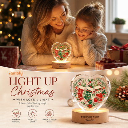 Custom Christmas Stockings Wreath 3D Laser Engraved Crystal Heart with LED Wooden Standee, Personalized Name Holiday Night Light Keepsake
