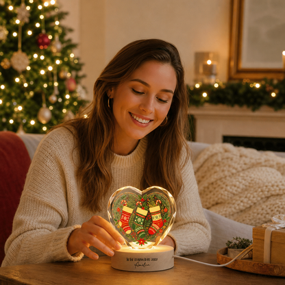 Custom Christmas Stockings Wreath 3D Laser Engraved Crystal Heart with LED Wooden Standee, Personalized Name Holiday Night Light Keepsake