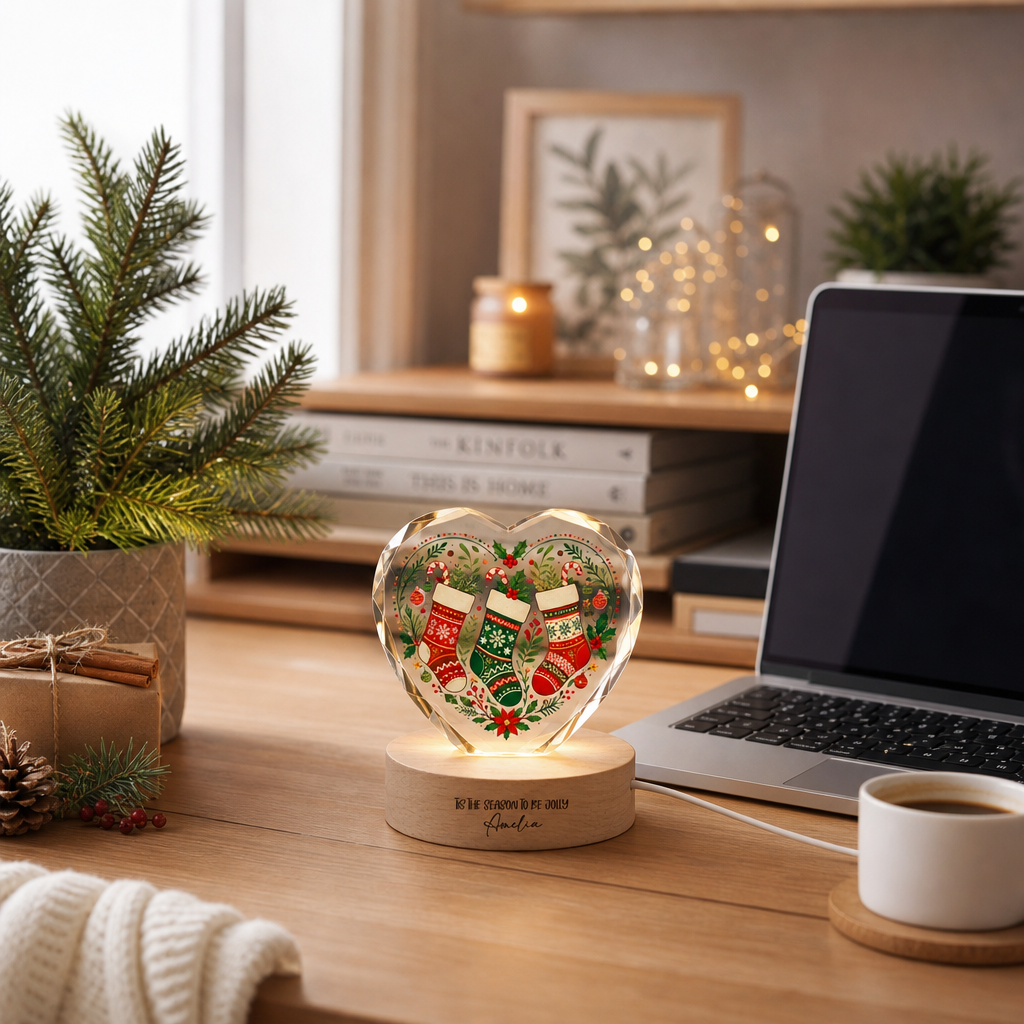 Custom Christmas Stockings Wreath 3D Laser Engraved Crystal Heart with LED Wooden Standee, Personalized Name Holiday Night Light Keepsake