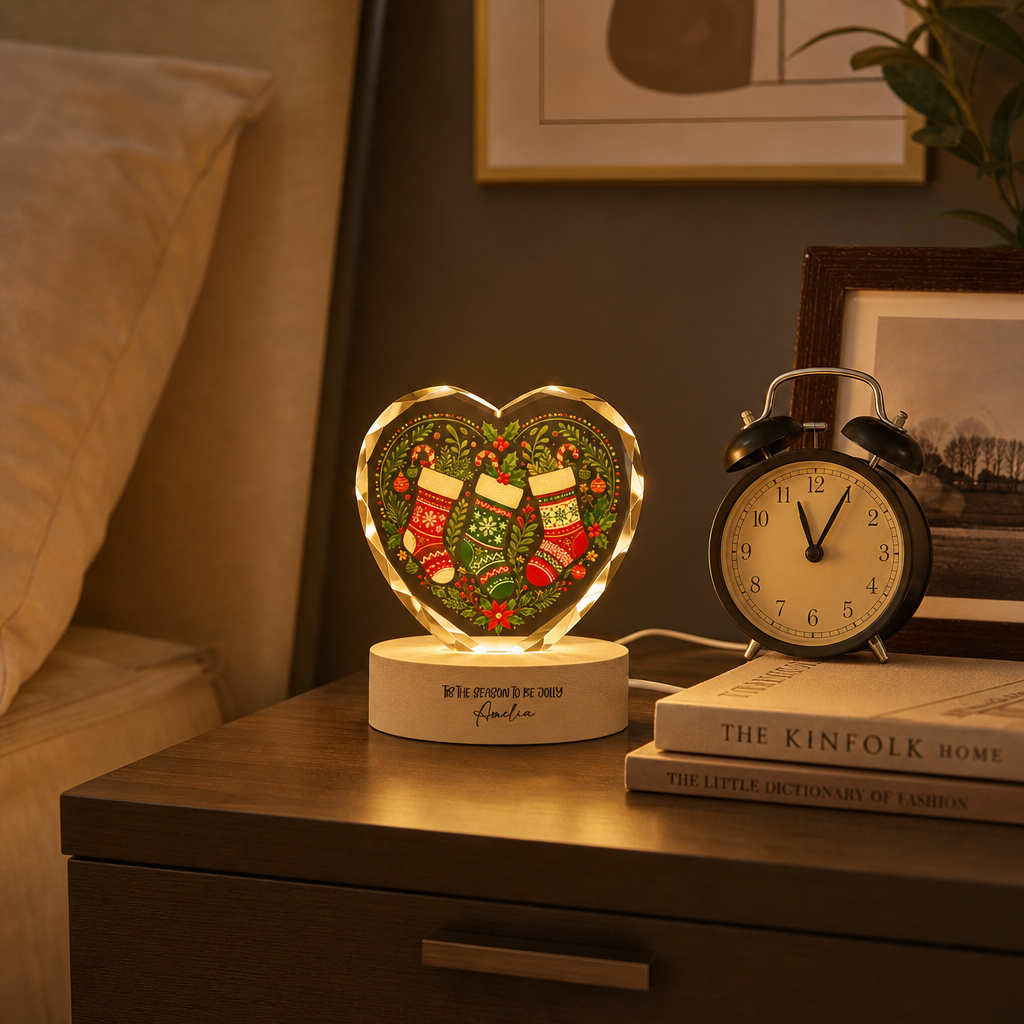 Custom Christmas Stockings Wreath 3D Laser Engraved Crystal Heart with LED Wooden Standee, Personalized Name Holiday Night Light Keepsake