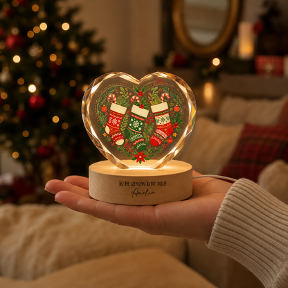 Custom Christmas Stockings Wreath 3D Laser Engraved Crystal Heart with LED Wooden Standee, Personalized Name Holiday Night Light Keepsake