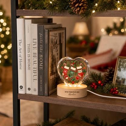 Custom Christmas Stockings Wreath 3D Laser Engraved Crystal Heart with LED Wooden Standee, Personalized Name Holiday Night Light Keepsake