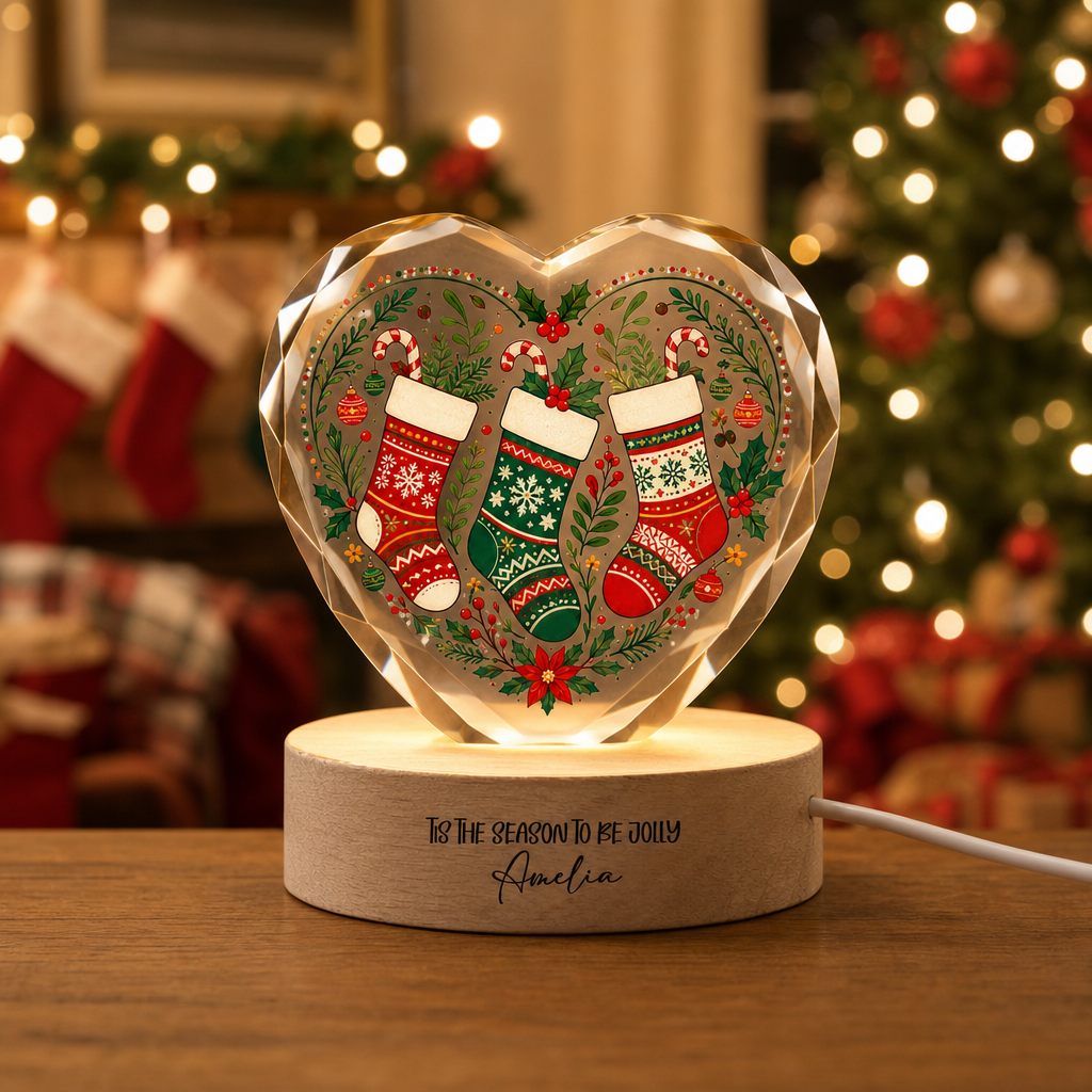 Custom Christmas Stockings Wreath 3D Laser Engraved Crystal Heart with LED Wooden Standee, Personalized Name Holiday Night Light Keepsake