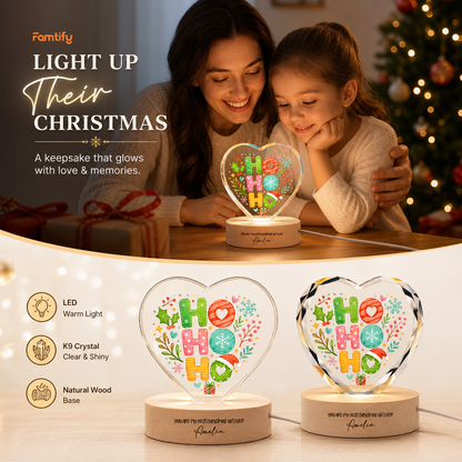 Custom Ho Ho Ho Santa Hat Festive 3D Laser Engraved Crystal Heart with LED Wooden Standee, Personalized Name Holiday Night Light Keepsake