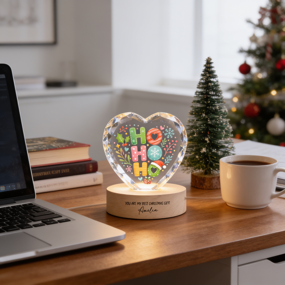 Custom Ho Ho Ho Santa Hat Festive 3D Laser Engraved Crystal Heart with LED Wooden Standee, Personalized Name Holiday Night Light Keepsake