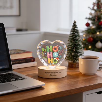 Custom Ho Ho Ho Santa Hat Festive 3D Laser Engraved Crystal Heart with LED Wooden Standee, Personalized Name Holiday Night Light Keepsake