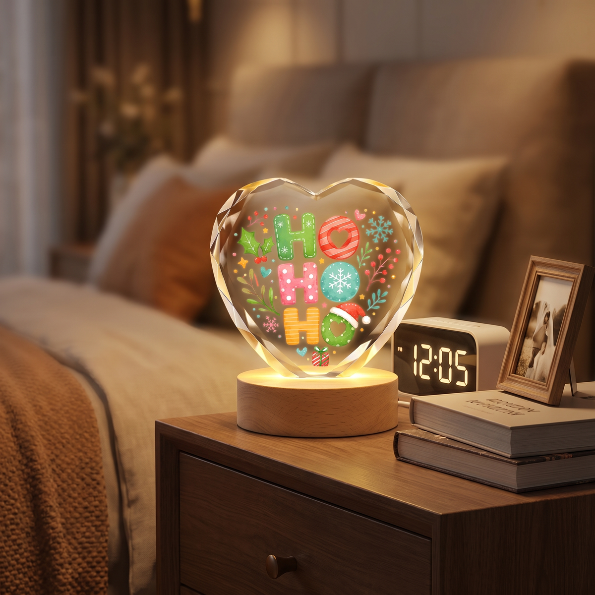 Custom Ho Ho Ho Santa Hat Festive 3D Laser Engraved Crystal Heart with LED Wooden Standee, Personalized Name Holiday Night Light Keepsake