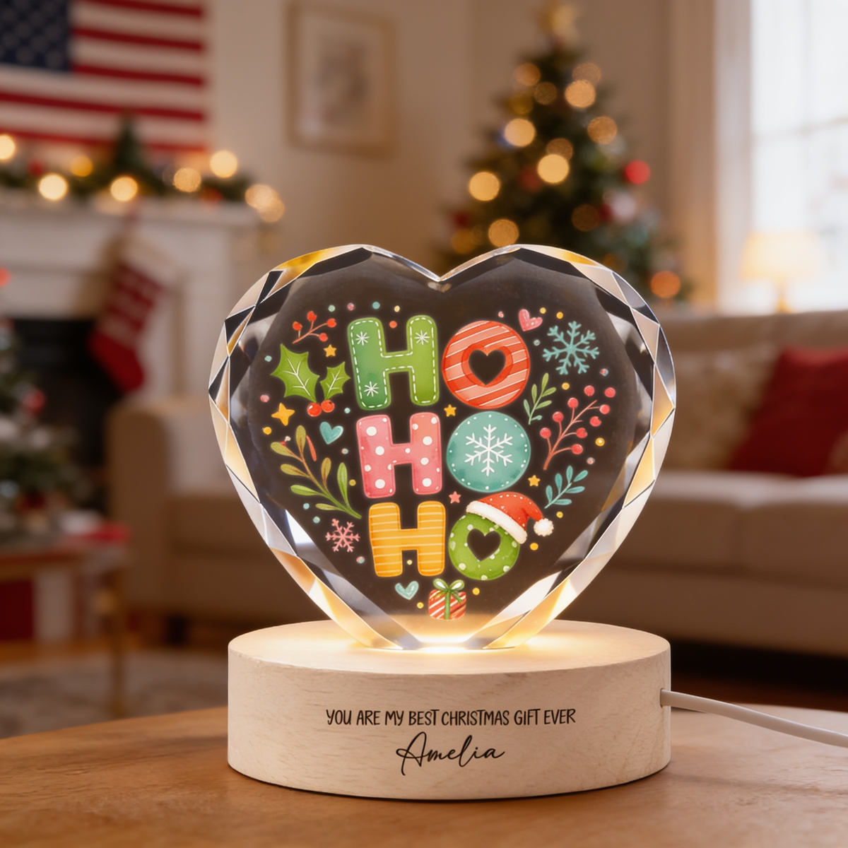 Custom Ho Ho Ho Santa Hat Festive 3D Laser Engraved Crystal Heart with LED Wooden Standee, Personalized Name Holiday Night Light Keepsake