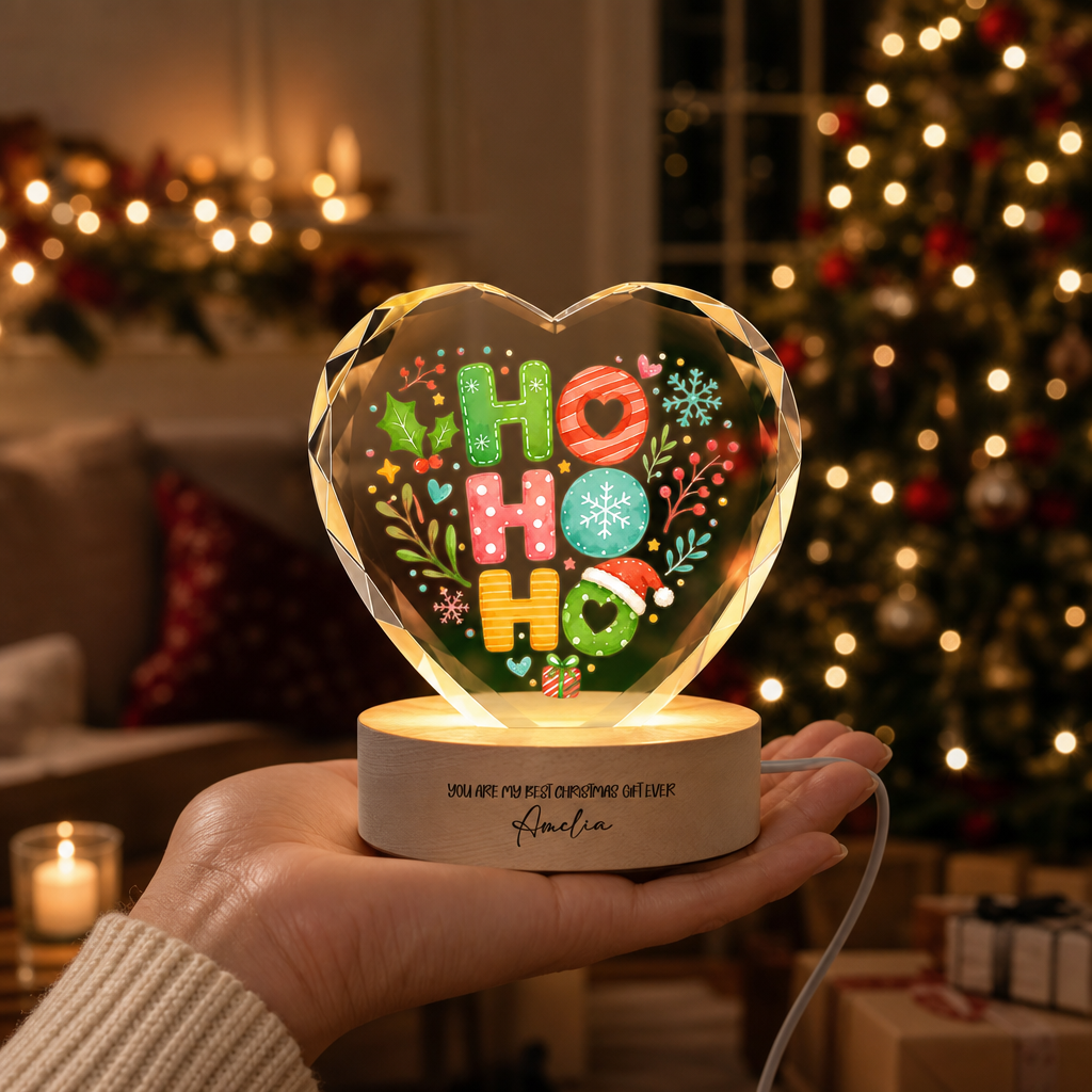 Custom Ho Ho Ho Santa Hat Festive 3D Laser Engraved Crystal Heart with LED Wooden Standee, Personalized Name Holiday Night Light Keepsake