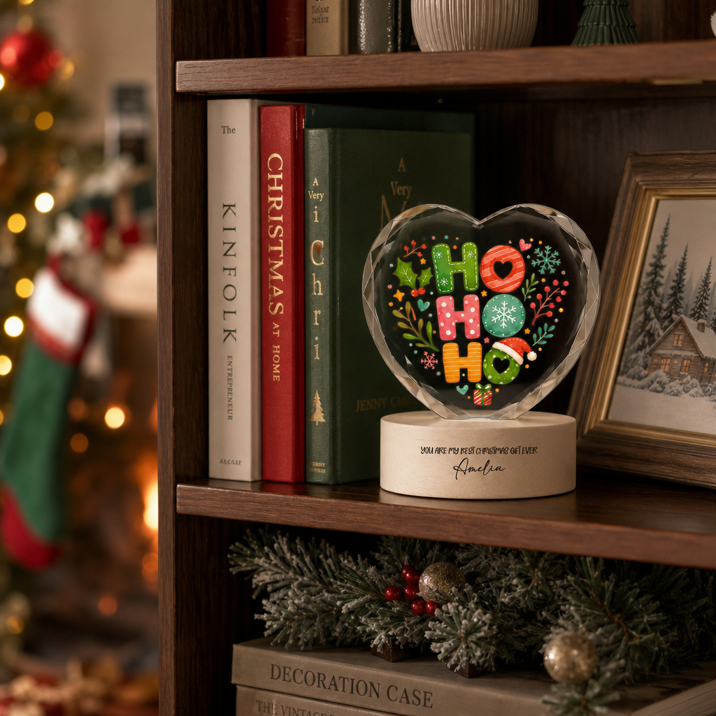 Custom Ho Ho Ho Santa Hat Festive 3D Laser Engraved Crystal Heart with LED Wooden Standee, Personalized Name Holiday Night Light Keepsake