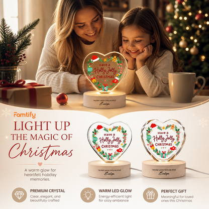 Custom Have A Holly Jolly Christmas Wreath 3D Laser Engraved Crystal Heart with LED Wooden Standee, Personalized Name Holiday Night Light Keepsake