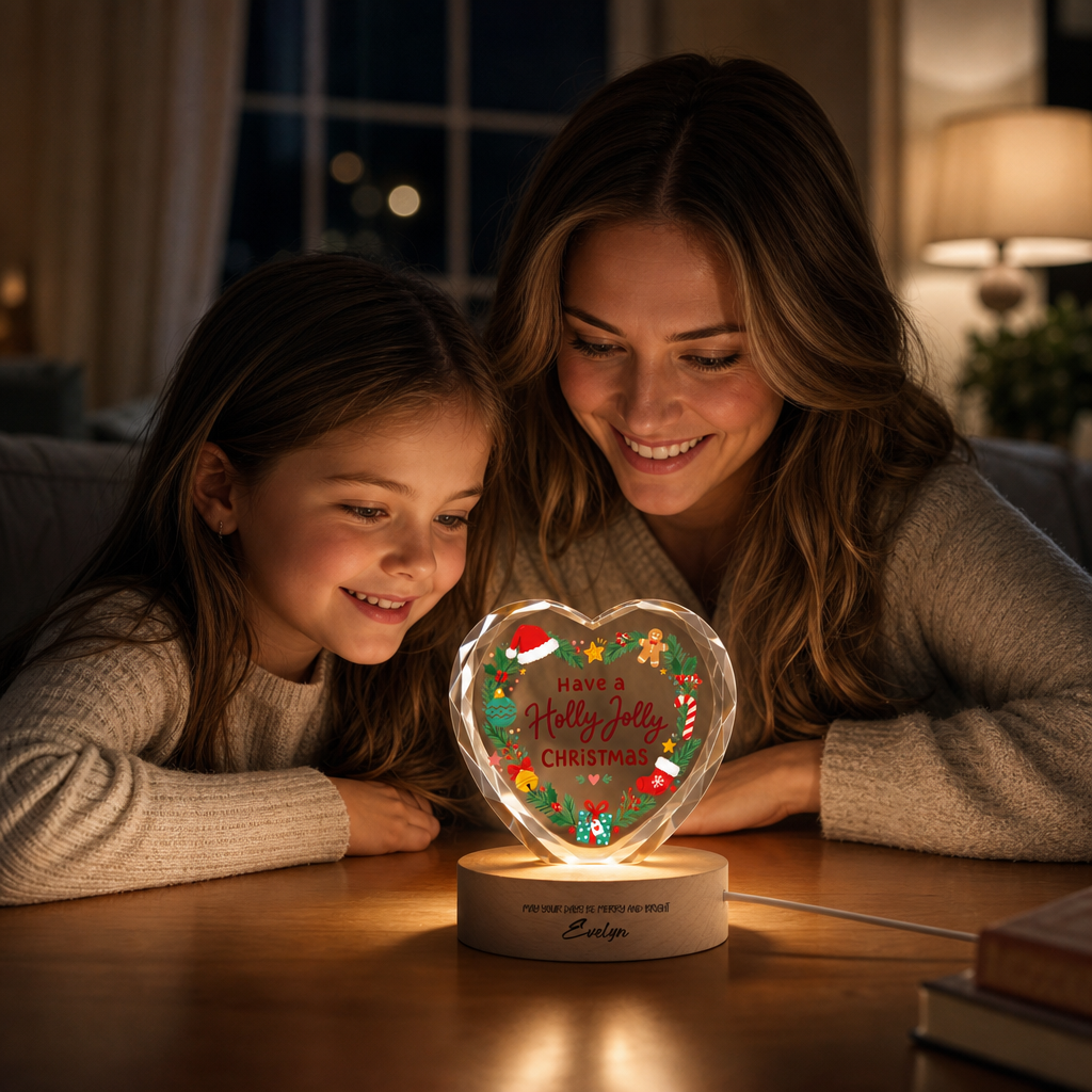 Custom Have A Holly Jolly Christmas Wreath 3D Laser Engraved Crystal Heart with LED Wooden Standee, Personalized Name Holiday Night Light Keepsake