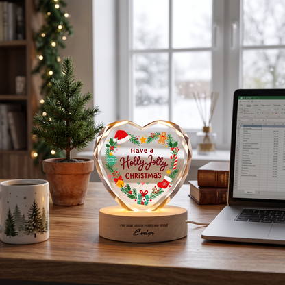 Custom Have A Holly Jolly Christmas Wreath 3D Laser Engraved Crystal Heart with LED Wooden Standee, Personalized Name Holiday Night Light Keepsake