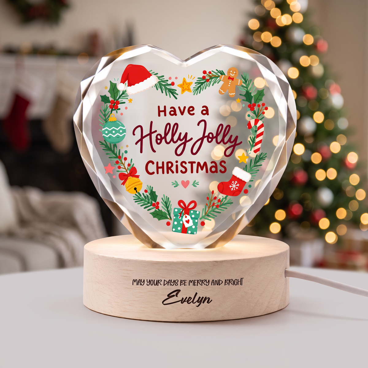 Custom Have A Holly Jolly Christmas Wreath 3D Laser Engraved Crystal Heart with LED Wooden Standee, Personalized Name Holiday Night Light Keepsake