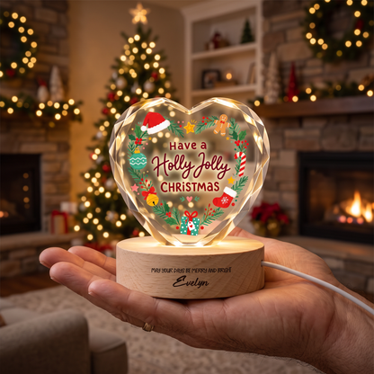 Custom Have A Holly Jolly Christmas Wreath 3D Laser Engraved Crystal Heart with LED Wooden Standee, Personalized Name Holiday Night Light Keepsake