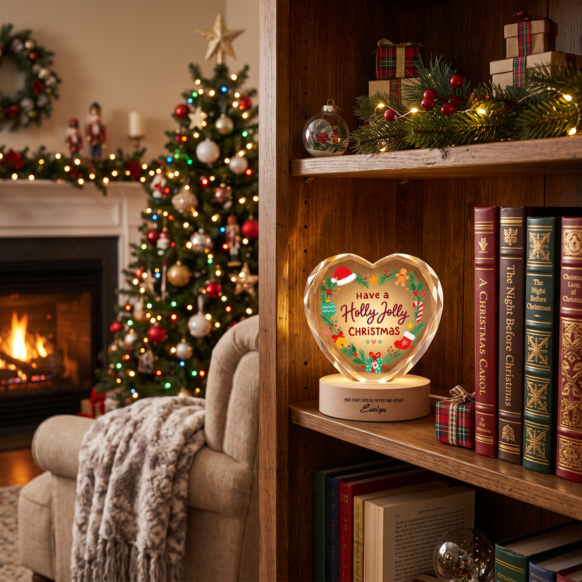 Custom Have A Holly Jolly Christmas Wreath 3D Laser Engraved Crystal Heart with LED Wooden Standee, Personalized Name Holiday Night Light Keepsake