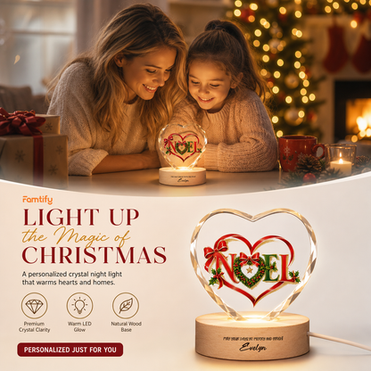 Custom Noel Ribbon Wreath 3D Laser Engraved Crystal Heart with LED Wooden Standee, Personalized Name Holiday Night Light Keepsake