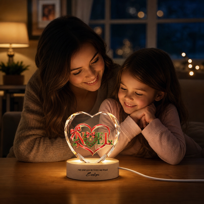 Custom Noel Ribbon Wreath 3D Laser Engraved Crystal Heart with LED Wooden Standee, Personalized Name Holiday Night Light Keepsake
