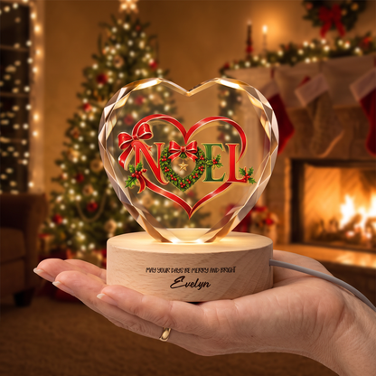 Custom Noel Ribbon Wreath 3D Laser Engraved Crystal Heart with LED Wooden Standee, Personalized Name Holiday Night Light Keepsake