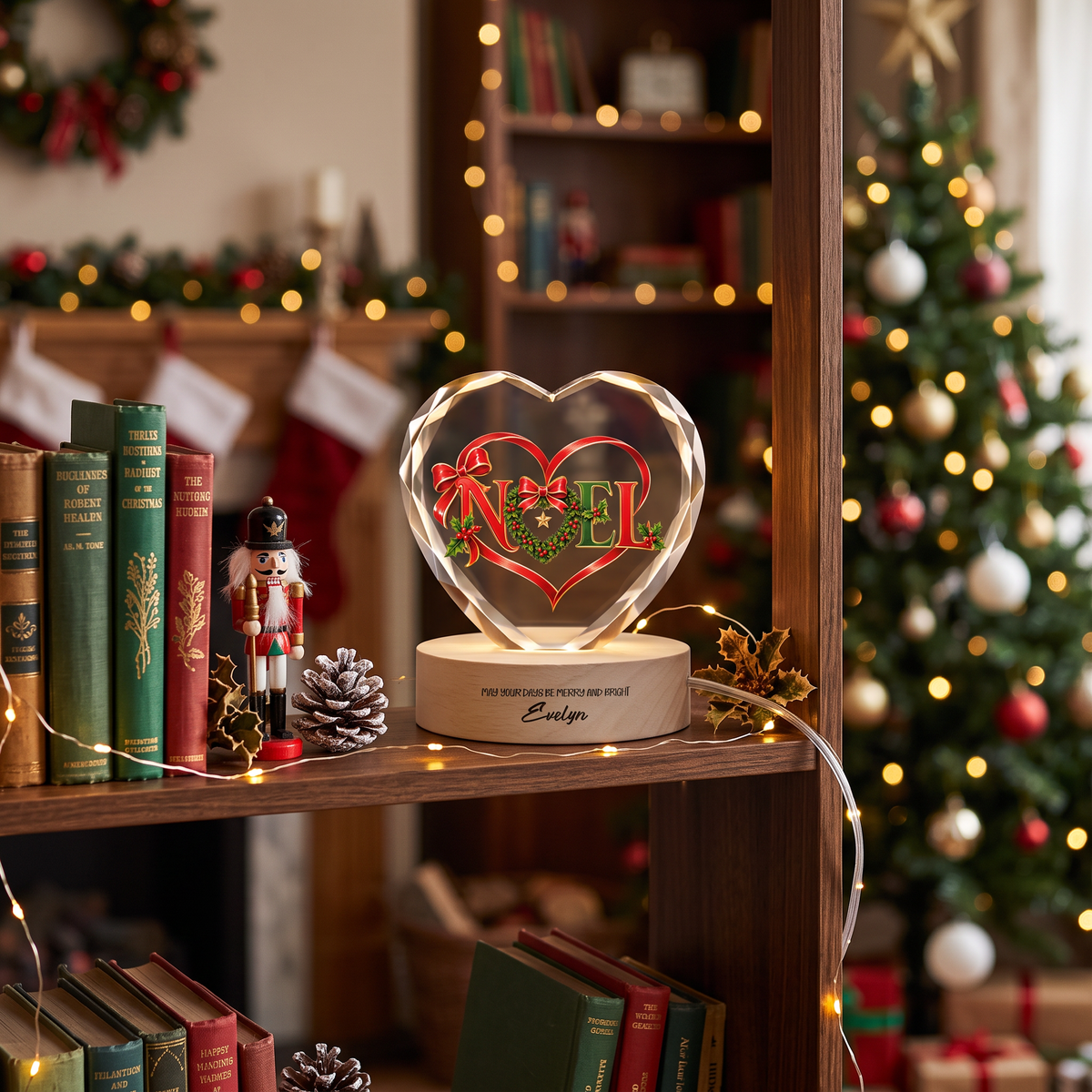 Custom Noel Ribbon Wreath 3D Laser Engraved Crystal Heart with LED Wooden Standee, Personalized Name Holiday Night Light Keepsake