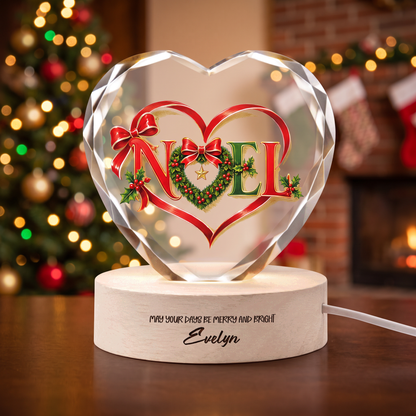 Custom Noel Ribbon Wreath 3D Laser Engraved Crystal Heart with LED Wooden Standee, Personalized Name Holiday Night Light Keepsake