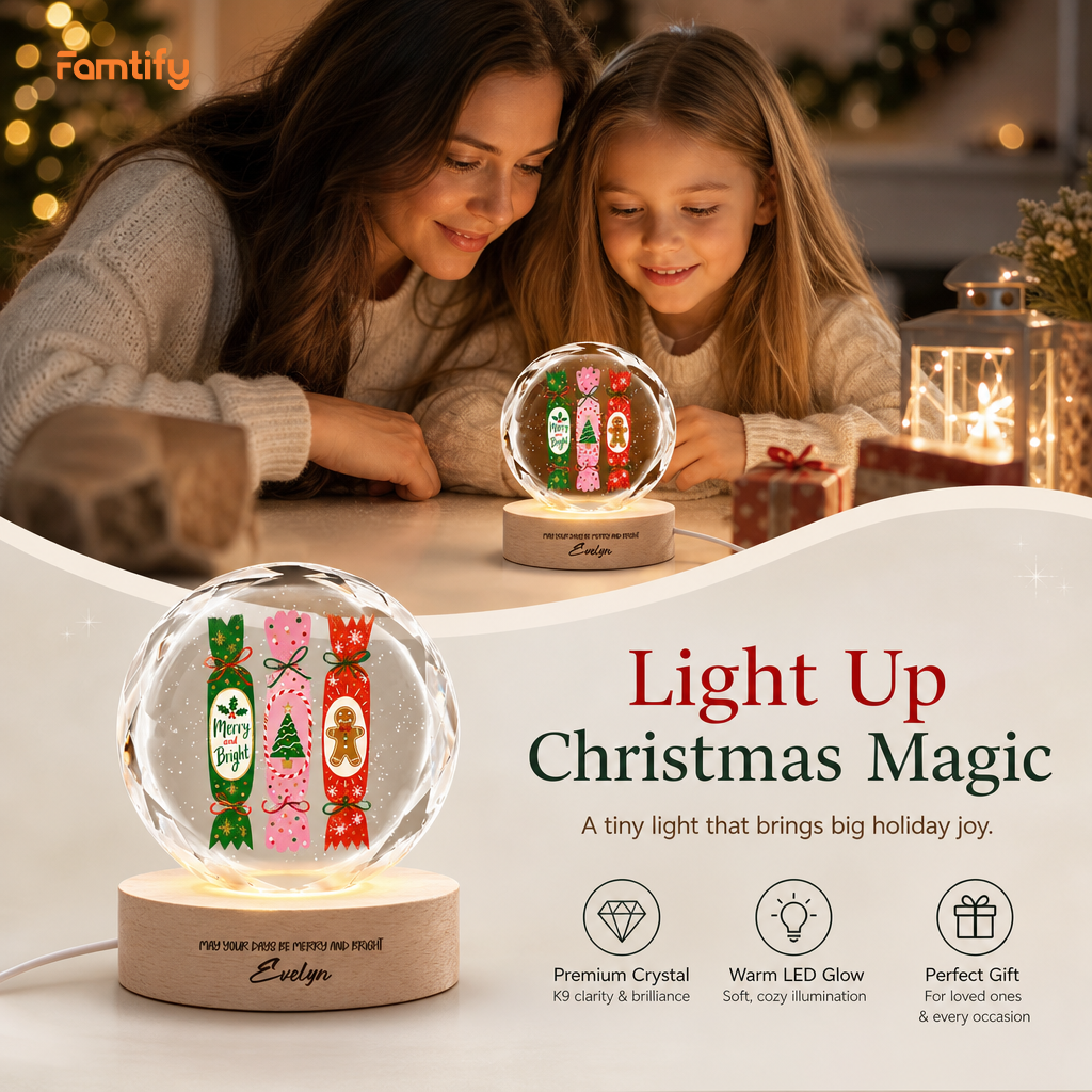 Custom Christmas Crackers Gingerbread Man 3D Laser Engraved Crystal Ball with LED Wooden Standee, Personalized Name Holiday Night Light Keepsake