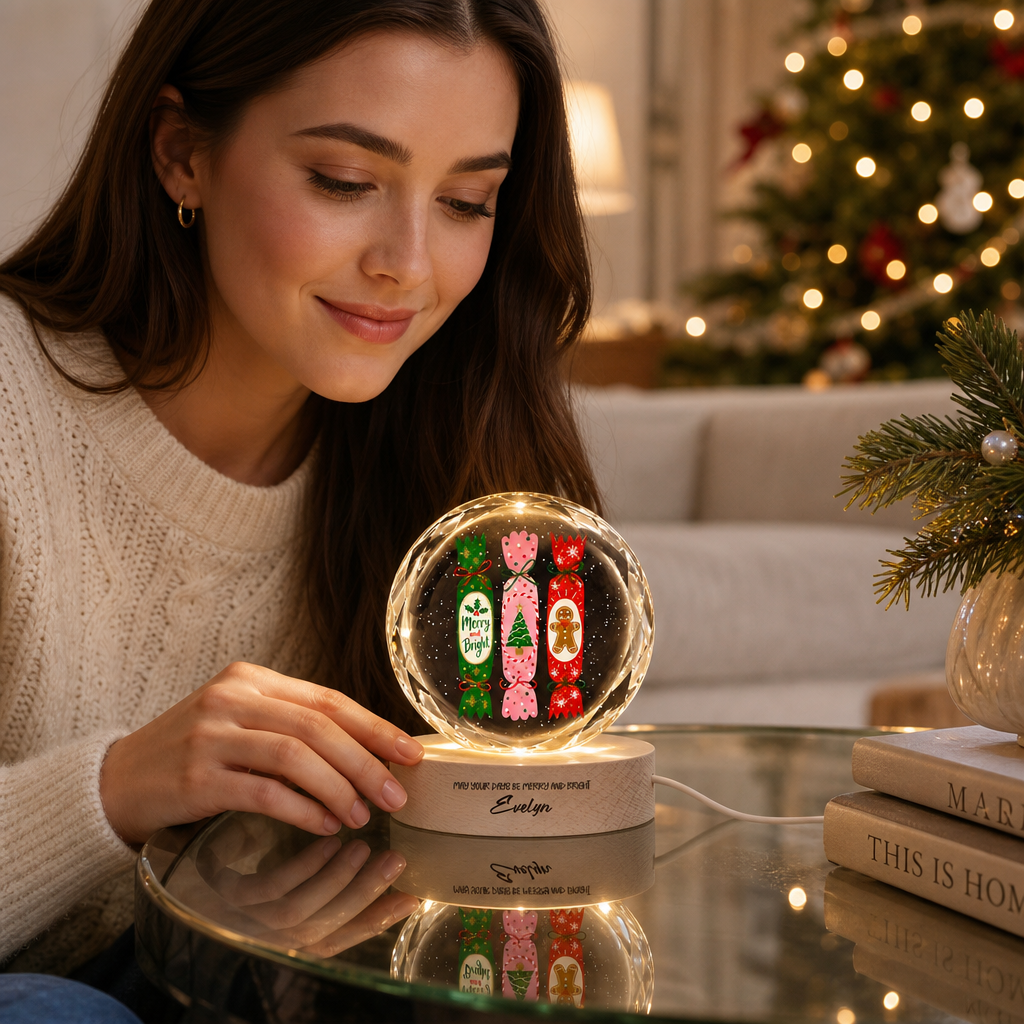 Custom Christmas Crackers Gingerbread Man 3D Laser Engraved Crystal Ball with LED Wooden Standee, Personalized Name Holiday Night Light Keepsake