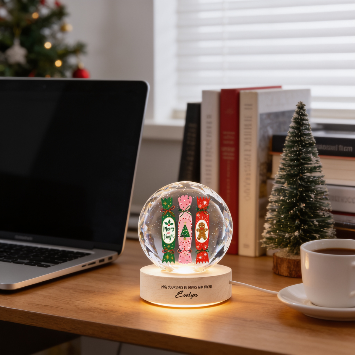 Custom Christmas Crackers Gingerbread Man 3D Laser Engraved Crystal Ball with LED Wooden Standee, Personalized Name Holiday Night Light Keepsake