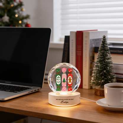 Custom Christmas Crackers Gingerbread Man 3D Laser Engraved Crystal Ball with LED Wooden Standee, Personalized Name Holiday Night Light Keepsake