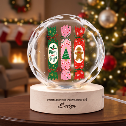 Custom Christmas Crackers Gingerbread Man 3D Laser Engraved Crystal Ball with LED Wooden Standee, Personalized Name Holiday Night Light Keepsake