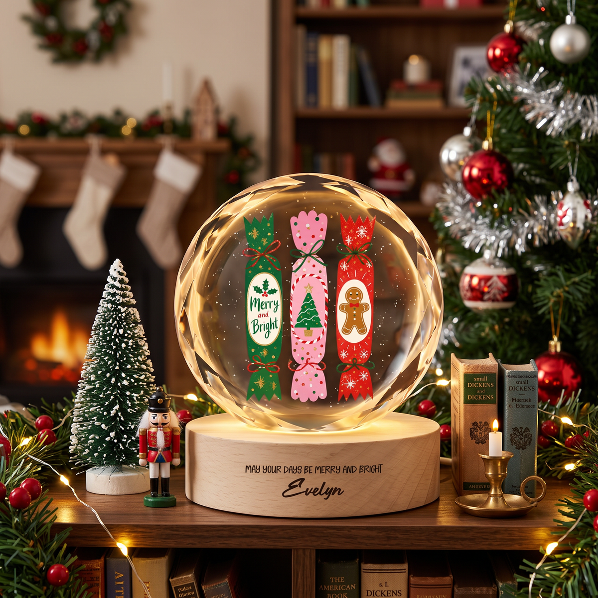 Custom Christmas Crackers Gingerbread Man 3D Laser Engraved Crystal Ball with LED Wooden Standee, Personalized Name Holiday Night Light Keepsake