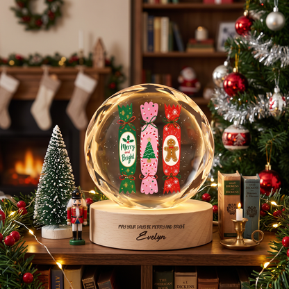 Custom Christmas Crackers Gingerbread Man 3D Laser Engraved Crystal Ball with LED Wooden Standee, Personalized Name Holiday Night Light Keepsake