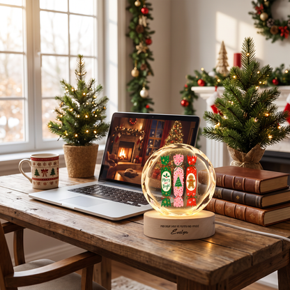 Custom Christmas Crackers Gingerbread Man 3D Laser Engraved Crystal Ball with LED Wooden Standee, Personalized Name Holiday Night Light Keepsake