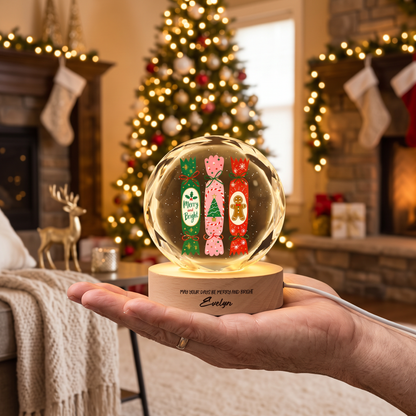 Custom Christmas Crackers Gingerbread Man 3D Laser Engraved Crystal Ball with LED Wooden Standee, Personalized Name Holiday Night Light Keepsake